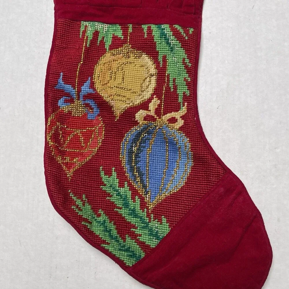 Vintage Needlepoint Christmas Stocking Gold Metallic Ornament Red Hanging‎ Decor
